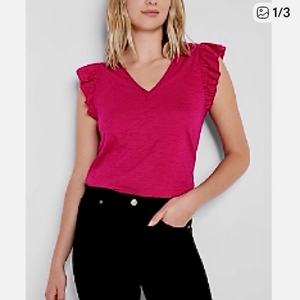 Express Flutter Sleeve V-Neck Berry Red Tee XS NWT